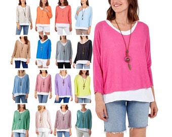 Women's Italian Double Layer Top With Necklace, Ladies Summer Oversized Round Neck Long Sleeves 2 In 1 soft loose quirky Batwing Tunic Top