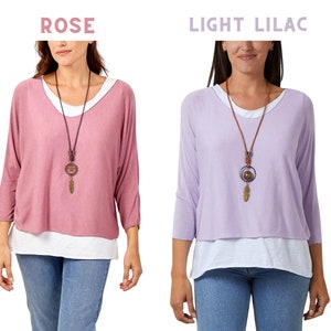 Women's Italian Double Layer Top With Necklace, Ladies Summer Oversized Round Neck Long Sleeves 2 In 1 soft loose quirky Batwing Tunic Top image 5