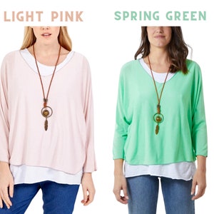 Women's Italian Double Layer Top With Necklace, Ladies Summer Oversized Round Neck Long Sleeves 2 In 1 soft loose quirky Batwing Tunic Top image 9