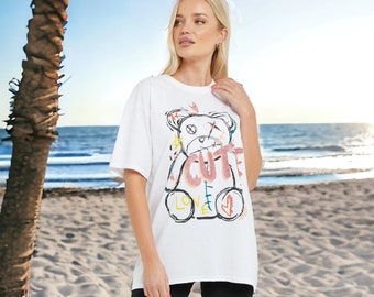 Damen süße Bär Print Grafik T-Shirt - Rundhals, Halbarm T-Shirt - Damen Sommer Rundhals Top - Bezaubernde Freizeitkleidung - Geschenk für Sie