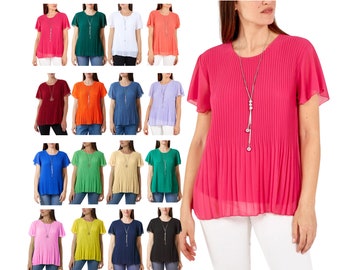 Women's Chiffon Lined Pleated Top with Necklace Blouse, Ladies  Summer Round Neck Short Sleeve T-Shirt Lagenlook Relaxed fit TUNIC TOP