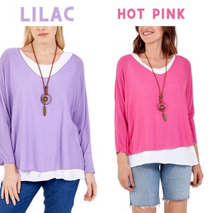 Women's Italian Double Layer Top With Necklace, Ladies Summer Oversized Round Neck Long Sleeves 2 In 1 soft loose quirky Batwing Tunic Top image 10