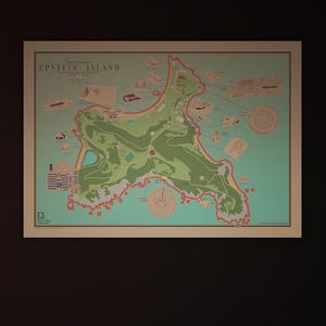 May include: A framed map of Epstein Island with the text "Epstein Island" at the top. The map is green, red, and tan, with various buildings and features marked. Several documents with redacted information are on a wooden surface below the map.