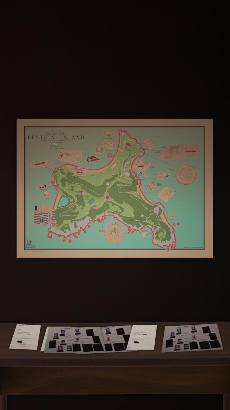 May include: A framed map of Epstein Island with the text "Epstein Island" at the top. The map is green, red, and tan, with various buildings and features marked. Several documents with redacted information are on a wooden surface below the map.