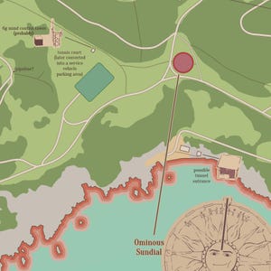 May include: A detailed map illustration with green, brown, and blue tones. The map includes text labels such as "6g mind control tower," "tennis court," and "Ominous Sundial." A compass-like design is in the lower right corner.