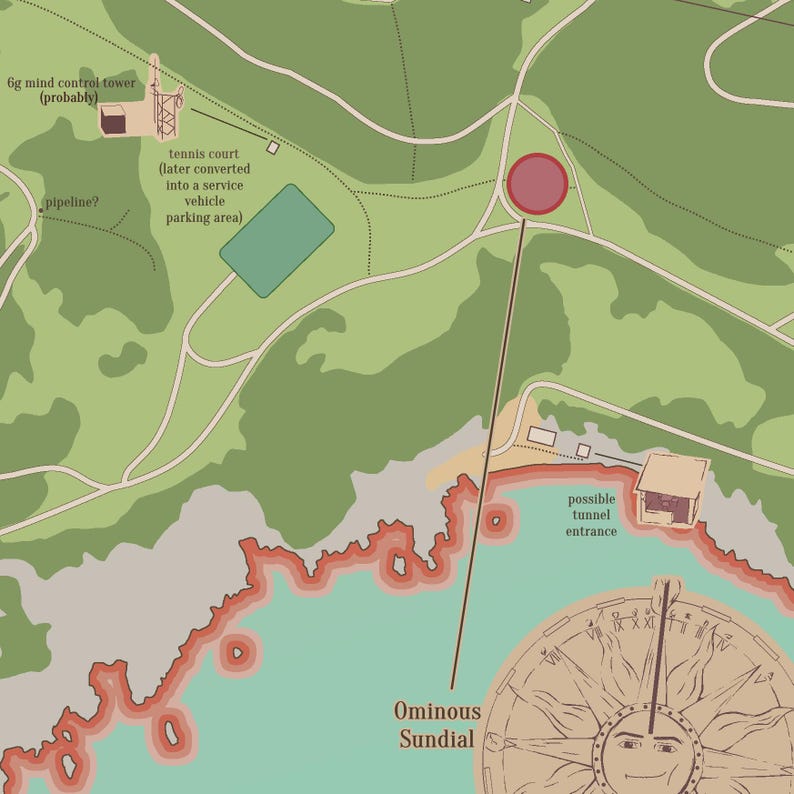 May include: A detailed map illustration with green, brown, and blue tones. The map includes text labels such as "6g mind control tower," "tennis court," and "Ominous Sundial." A compass-like design is in the lower right corner.