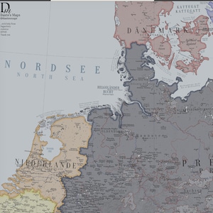 May include: A detailed historical map showing the North Sea, Denmark, the Netherlands, and parts of Germany. The map features muted colour tones, geographical labels in various languages, and the text Dante's Maps @dantesmaps in the top left corner.
