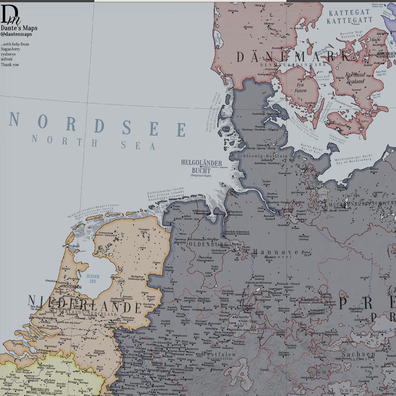 May include: A detailed historical map showing the North Sea, Denmark, the Netherlands, and parts of Germany. The map features muted colour tones, geographical labels in various languages, and the text Dante's Maps @dantesmaps in the top left corner.