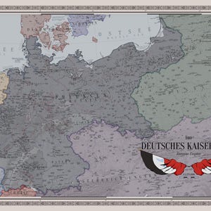 May include: A historical map titled 1900 DEUTSCHES KAISERREICH German Empire, featuring the German Empire in shades of grey, surrounded by neighbouring countries in muted colours. The map includes a list of states with flags and an eagle emblem.