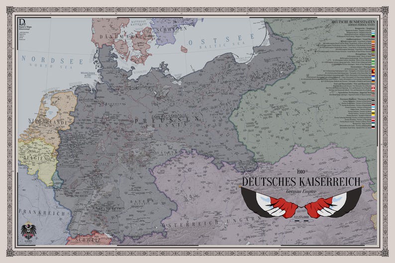 May include: A historical map titled 1900 DEUTSCHES KAISERREICH German Empire, featuring the German Empire in shades of grey, surrounded by neighbouring countries in muted colours. The map includes a list of states with flags and an eagle emblem.