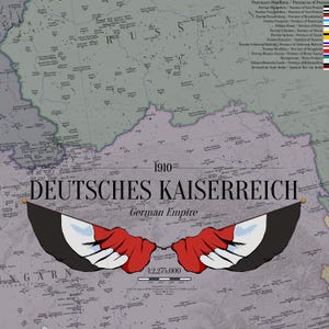 May include: A historical map of the 1910 German Empire, titled DEUTSCHES KAISERREICH, featuring a grey background with black text, a scale of 1:2,275,000, and a central graphic of two stylised wings coloured in black, white, and red stripes.