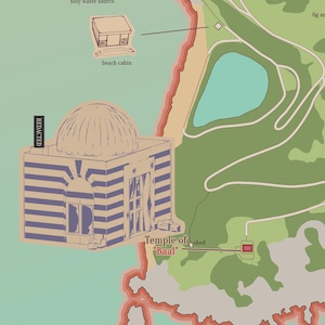 May include: An illustrated map featuring a temple with a domed roof and striped walls, labeled "Temple of Baal." Other elements include a beach cabin, a lake, and a "holy water source." The map has a vintage, hand-drawn aesthetic.