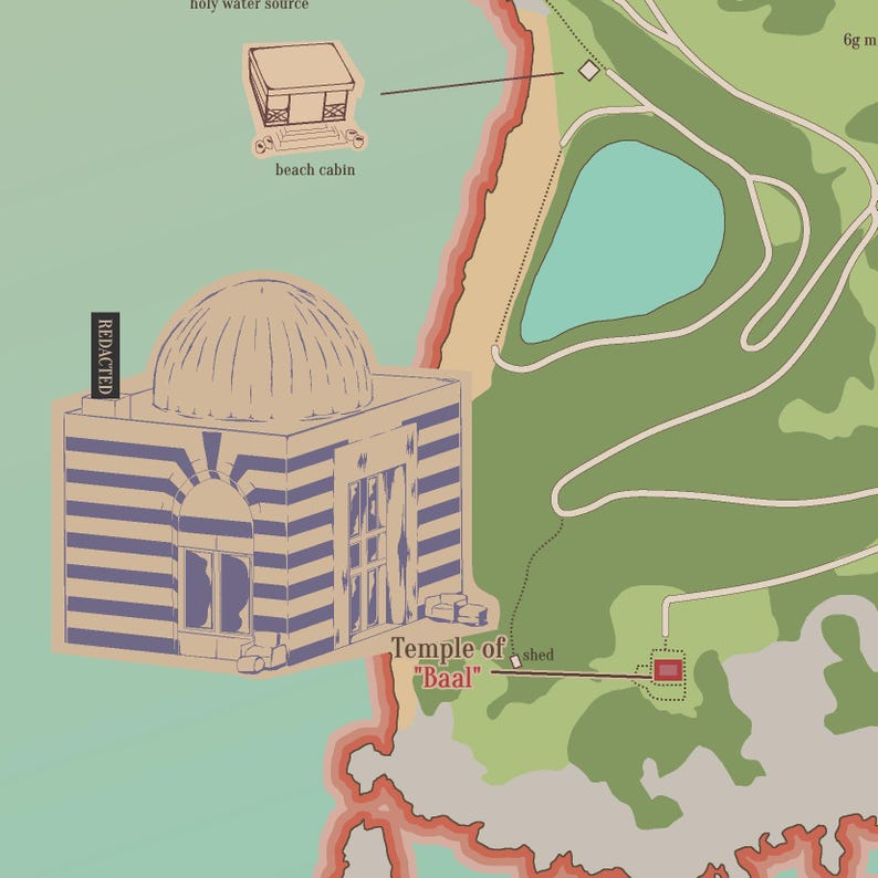 May include: An illustrated map featuring a temple with a domed roof and striped walls, labeled "Temple of Baal." Other elements include a beach cabin, a lake, and a "holy water source." The map has a vintage, hand-drawn aesthetic.