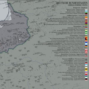 May include: A historical map of the German Federal States featuring a detailed legend on the right side. The map displays various kingdoms, grand duchies, duchies, principalities, free cities, and provinces of Prussia with their respective flags.
