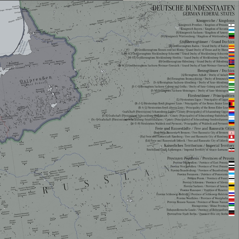 May include: A historical map of the German Federal States featuring a detailed legend on the right side. The map displays various kingdoms, grand duchies, duchies, principalities, free cities, and provinces of Prussia with their respective flags.