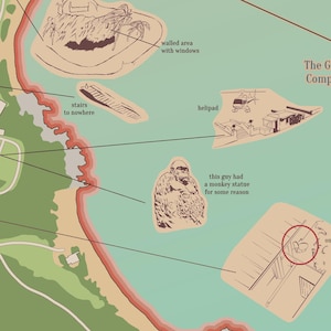 May include: A detailed map illustration with a light brown and teal color scheme. Features include a helipad, stairs to nowhere, and a monkey statue. Text includes "walled area with windows" and "this guy had a monkey statue for some reason."