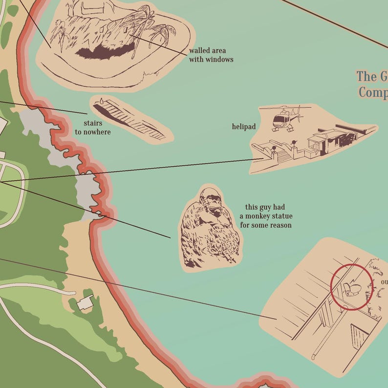 May include: A detailed map illustration with a light brown and teal color scheme. Features include a helipad, stairs to nowhere, and a monkey statue. Text includes "walled area with windows" and "this guy had a monkey statue for some reason."