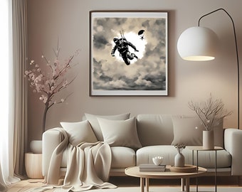 Sky Diver Black And White Poster Free Fall Sky Diving Adventure Action Great Contrast Great Aesthetic Three  Sizes 24X24   20X20  18 X18