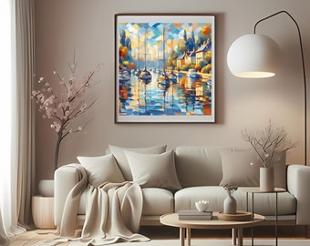 Sea Side Village Radiant Boats On The Sea Village Water Boat Art Explorer Relaxing Enchanting Scene Three  Sizes 24X24   20X20  18 X18