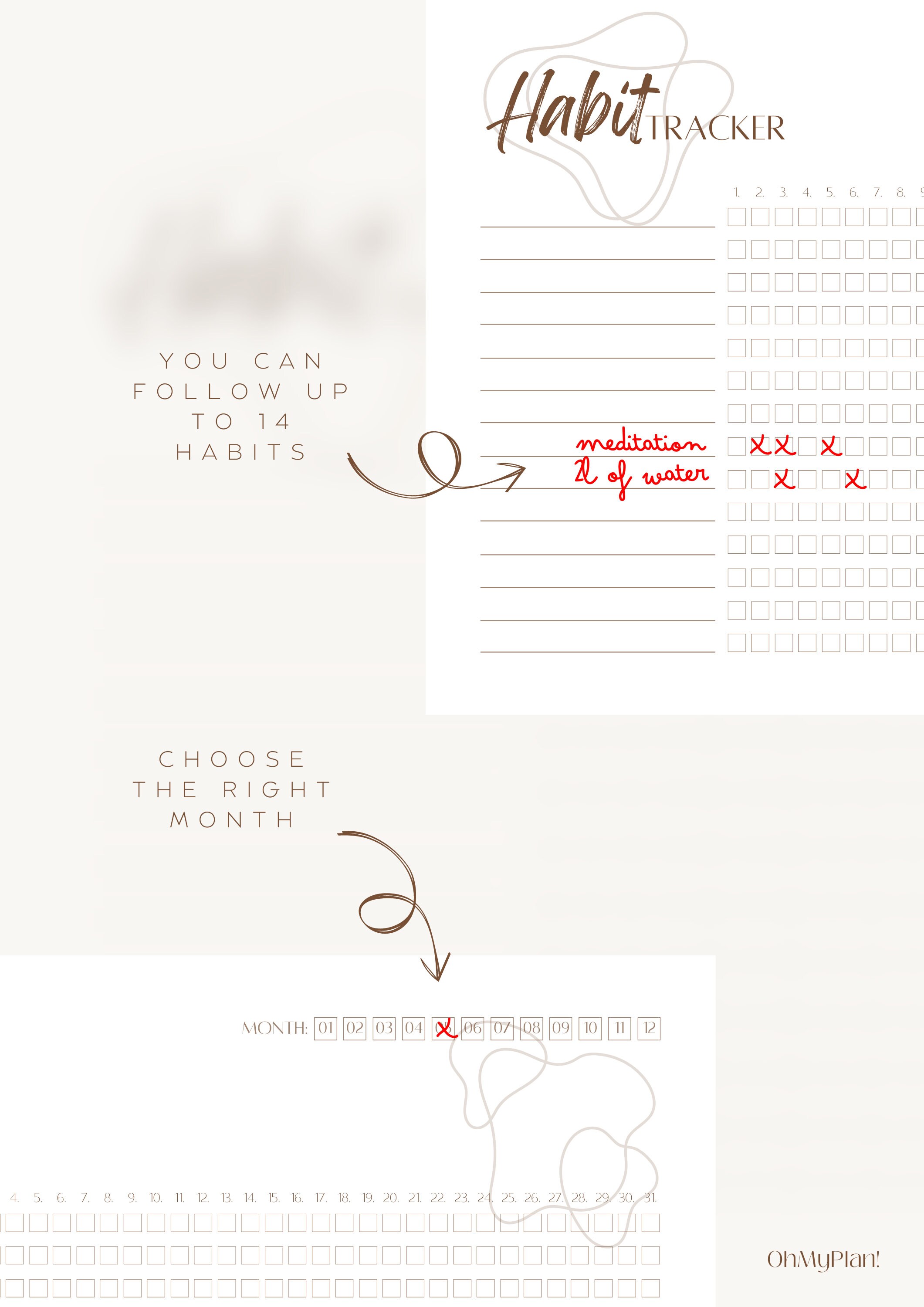Habit Tracker Printable Undated, Monthly Routine Tracker, Boho Style ...