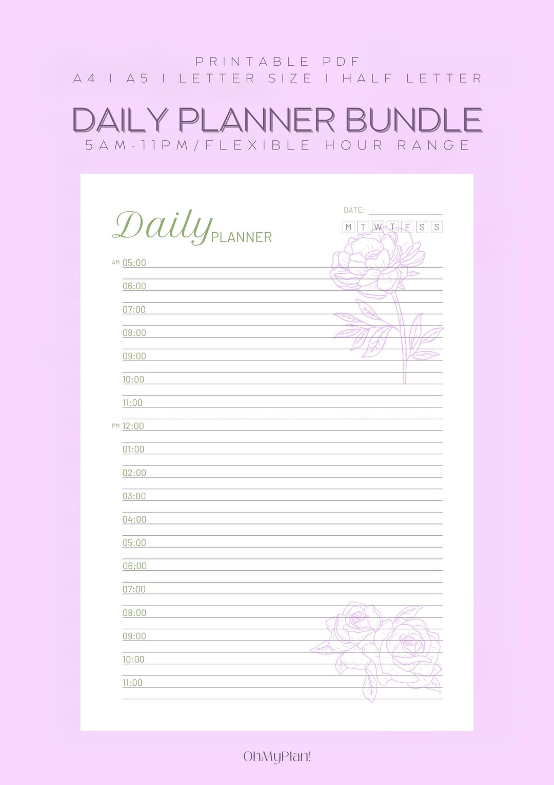 Floral Theme Printable Daily Planner Bundle: 5AM - 11PM Hourly Planner ...