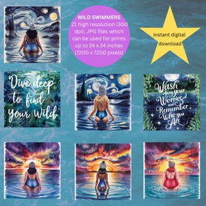 Wild swimming wall art bundle of 21 printable sunset and starry night watercolour art prints including 2 motivational quotes; wild swim gift