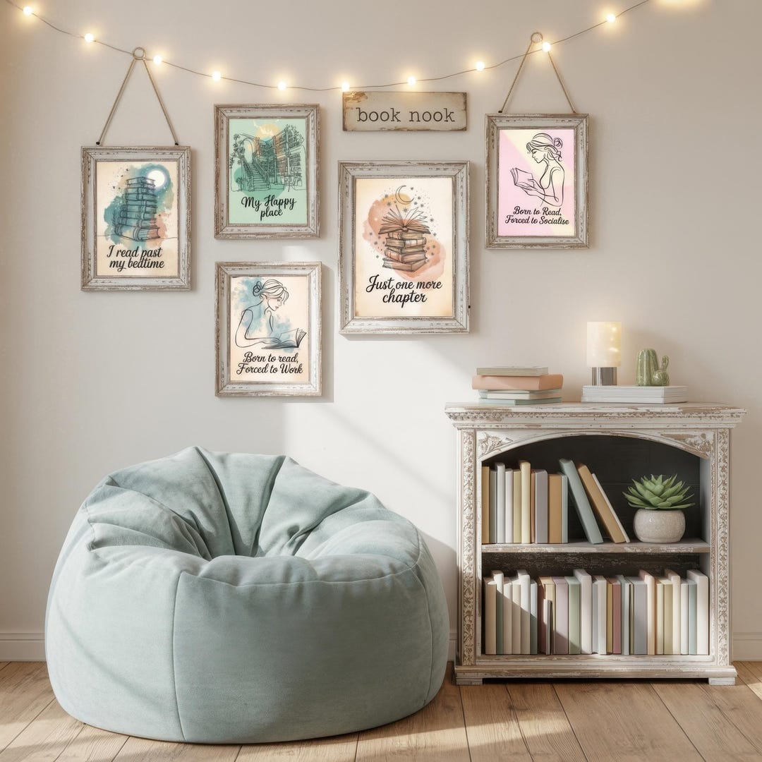 Set of 5 Reading Nook Wall Art; Book Nook Art Print; Printable Wall Art ...