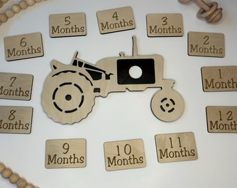 Marcadores de hitos mensuales de tractor de madera: accesorio para fotos de bebé