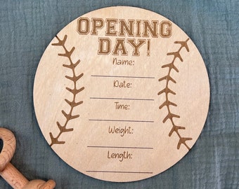 Letrero de anuncio de nacimiento de béisbol, accesorio fotográfico de abedul grabado