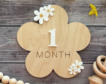 Letrero de madera 3D con forma de margarita para el mes: accesorio fotográfico bohemio para bebé