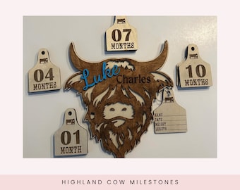 Marcadores de hitos personalizados de vaca de las Tierras Altas: Juego de accesorios para fotos