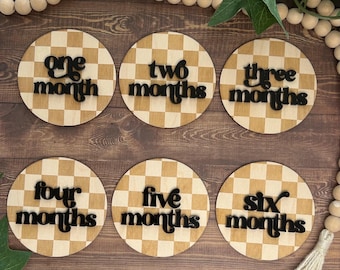 Discos de hitos del bebé a cuadros: accesorio fotográfico de abedul báltico