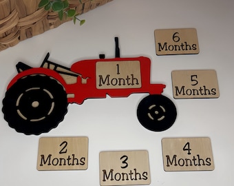 Marcadores mensuales de Wood Tractor / Marcadores mensuales intercambiables para bebés / Accesorios para fotos