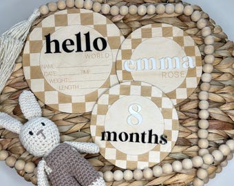 Discos de hitos del bebé a cuadros: accesorio fotográfico de abedul báltico