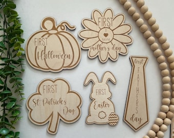 Discos de madera para las primeras vacaciones del bebé: accesorios para fotos