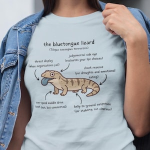 Könnte beinhalten: Hellblaues T-Shirt mit einer Cartoon-Illustration einer Blauzungenskinks mit beschrifteten anatomischen Merkmalen. Der Text enthält "the bluetongue lizard" und humorvolle Beschreibungen wie "chonk reserve" und "judgemental side eye".