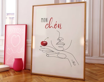 Impresión de cereza linda, Mon Cheri, arte de pared, impresión digital, impresión artística, estética, póster de cocina, decoración, ilustración, arte de pared de frutas