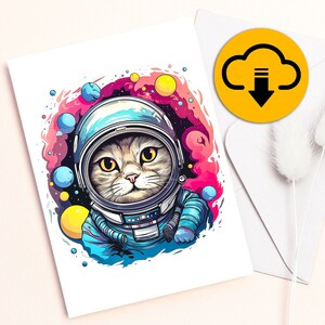 de voeux de chat de l'espace | carte de correspondance | Carte de voeux imprimable | 4,25 x 5,5 | 5X7 | Maman chat | Amoureux des chats | Téléchargement numérique | Imprimable