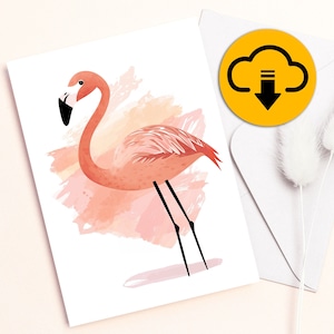 Carte de voeux flamant rose, animaux mignons, carte de correspondance aquarelle imprimable en téléchargement numérique instantané, cadeau d'anniversaire fantaisiste vierge 4,25 x 5,5 5 x 7
