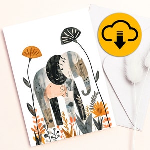 Carte de voeux éléphant mignon carte de voeux carte de voeux imprimable 4,25 x 5,5 5 x 7 animaux bohèmes Téléchargement numérique instantané cadeau vierge merci