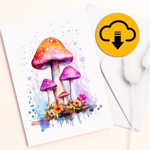 Tarjeta de felicitación de setas / Tarjeta de notas / Tarjeta de felicitación / 4.25x5.5 / 5X7 / Setas / Acuarela / Descarga digital / Imprimible / En blanco