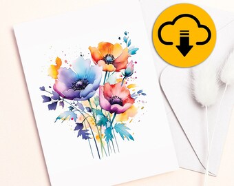 Watercolor Flowers Greeting Card | Blank Note Card | Printable Greeting Card | 4.25x5.5 | 5X7 | Flowers Note Card | Instant Download