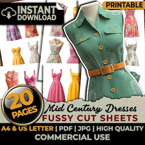 Puede incluir: Una descarga digital con 20 páginas de diseños de vestidos de mediados de siglo imprimibles. La imagen muestra varios estilos de vestidos en colores vibrantes, incluido un vestido verde con cinturón marrón. El texto dice "Descarga instantánea" e "Imprimible".