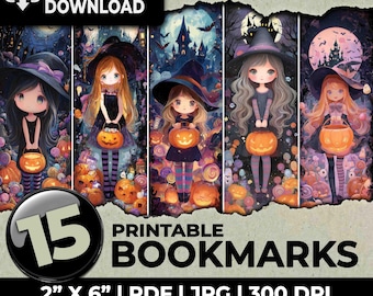 Cute Witch Halloween Bookmarks Bookmark Sublimation Whimsical Ephemera Printable Bookmarks Set Junk Journal A4 & US Letter Scrapbooking