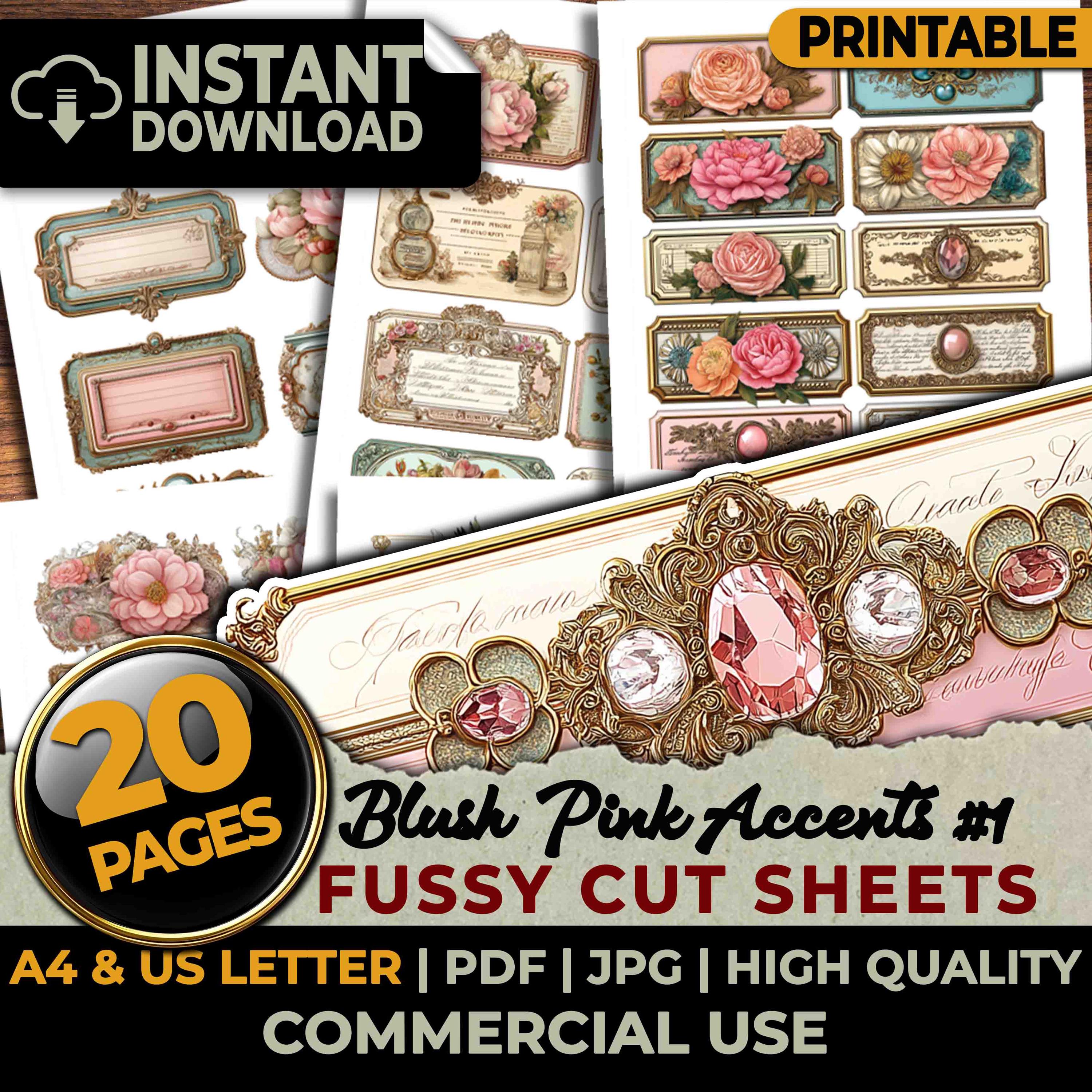 Blush Pink Vintage Jeweled Labels Tags Gilded Jewel Fussy Cuts Ephemera ...