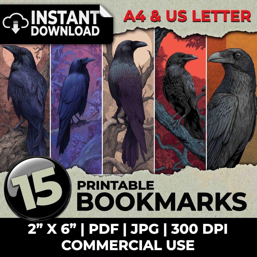 Crow Bookmarks Printable Bookmark Sublimation Whimsical Ephemera Set ...