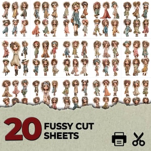May include: A collection of 20 fussy cut sheets featuring numerous illustrations of dolls with curly hair, wearing various outfits in muted tones. The text 20 FUSSY CUT SHEETS is printed in large dark red and black letters, alongside printer and scissor icons.