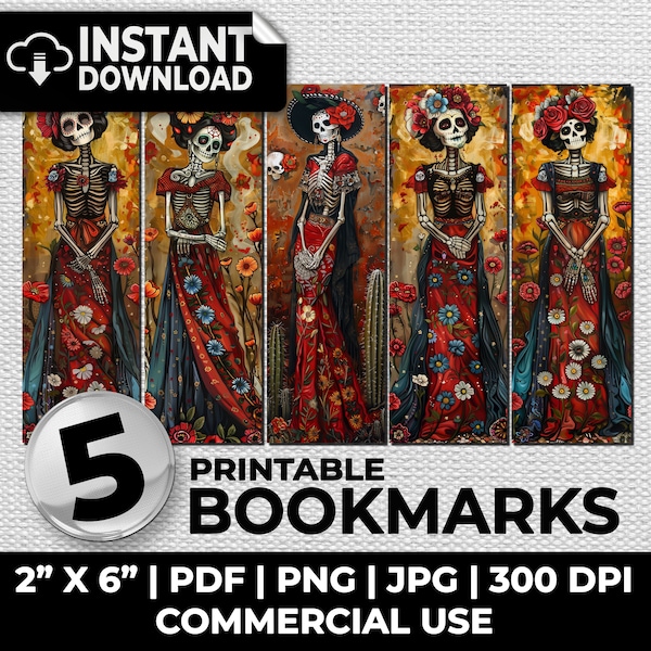 Dia de los Muertos Bookmarks Set Bookmark Sublimation Whimsical Ephemera Printable Junk Journal Digital Scrapbooking Mexican Catrina