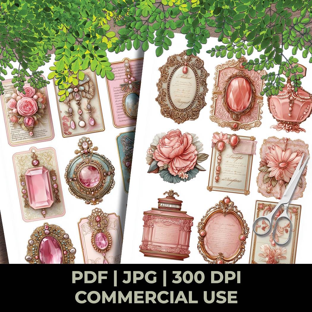 Blush Pink Vintage Jeweled Labels Tags Gilded Jewel Fussy Cuts Ephemera ...