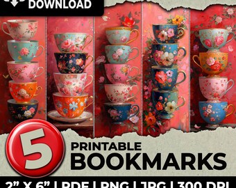 Cups Flowers Bookmark Sublimation Whimsical Bookmarks Ephemera Printable Bookmarks Set Junk Journal Download Scrapbooking Mixed Media